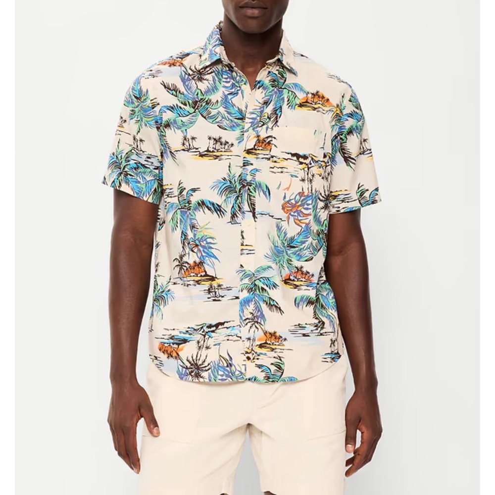Old Navy Button Down Shirt Mens XL Cream NWT Tropical Palm Tree Beach Stretch